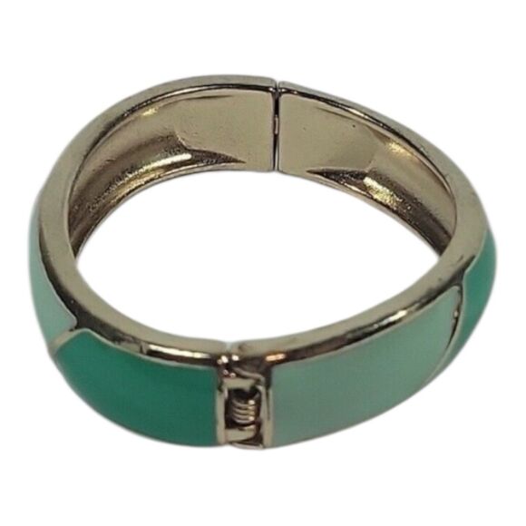 VTG Gold Tone Green Aqua Alternating Enamel Clamper Bangle Bracelet Wavy Unbrand - Picture 1 of 11